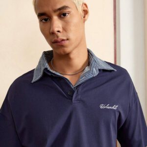 SWAVVY Chemise polo décontractée de mode pour homme, 2 en 1, col bicolore, fleur brodée, logo anglais, ample