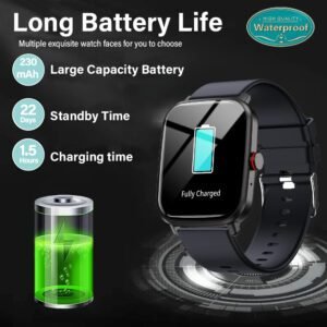 KESHUYOU 1 pièce Montre intelligente multifonctionnelle à écran tactile complet avec cadran carré noir, appels, podomètre, calories, moniteur de sommeil, rappel d'appel / SMS entrant, alarme, rappel de sédentarité et modes de sport multiples. Pour Android et iOS, cadeau