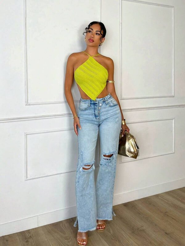 SHEIN BAE Top tricoté asymétrique à lacets et dos nu, maillots de bain pour femmes, tenues d'été, tenues de festival rave, hauts pour femmes, maillot de bain une pièce, maillot de bain, crop top, bikini – Image 6