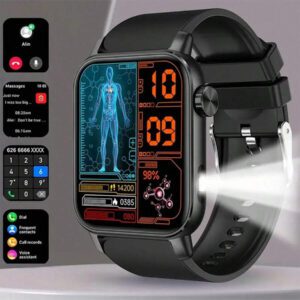 Montre connectée carrée de 1,85 pouce, montre connectée sport unisexe, suivi de la condition physique, appel sans fil, lampe de poche LED, contrôle de la musique, notification de message, compatible Android et iOS