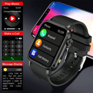 Montre connectée carrée de 1,85 pouce, montre connectée sport unisexe, suivi de la condition physique, appel sans fil, lampe de poche LED, contrôle de la musique, notification de message, compatible Android et iOS