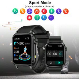 Montre connectée carrée de 1,85 pouce, montre connectée sport unisexe, suivi de la condition physique, appel sans fil, lampe de poche LED, contrôle de la musique, notification de message, compatible Android et iOS
