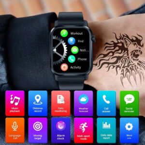 Montre connectée carrée de 1,85 pouce, montre connectée sport unisexe, suivi de la condition physique, appel sans fil, lampe de poche LED, contrôle de la musique, notification de message, compatible Android et iOS