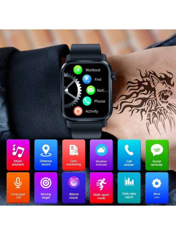 Montre connectée carrée de 1,85 pouce, montre connectée sport unisexe, suivi de la condition physique, appel sans fil, lampe de poche LED, contrôle de la musique, notification de message, compatible Android et iOS – Image 7