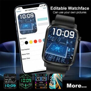 Montre connectée carrée de 1,85 pouce, montre connectée sport unisexe, suivi de la condition physique, appel sans fil, lampe de poche LED, contrôle de la musique, notification de message, compatible Android et iOS