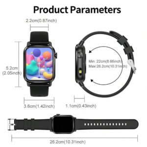 Montre connectée carrée de 1,85 pouce, montre connectée sport unisexe, suivi de la condition physique, appel sans fil, lampe de poche LED, contrôle de la musique, notification de message, compatible Android et iOS