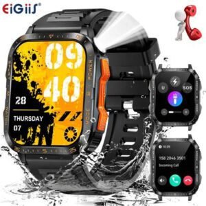 EIGIIS Montre connectée étanche 3 ATM pour hommes avec appel sans fil, LED lampe de poche, écran HD de 1,96 pouces. Montre connectée de sport et fitness avec suivi du sommeil, enregistrement des exercices, assistant vocal, minuterie, chronomètre, compatible iOS et Android