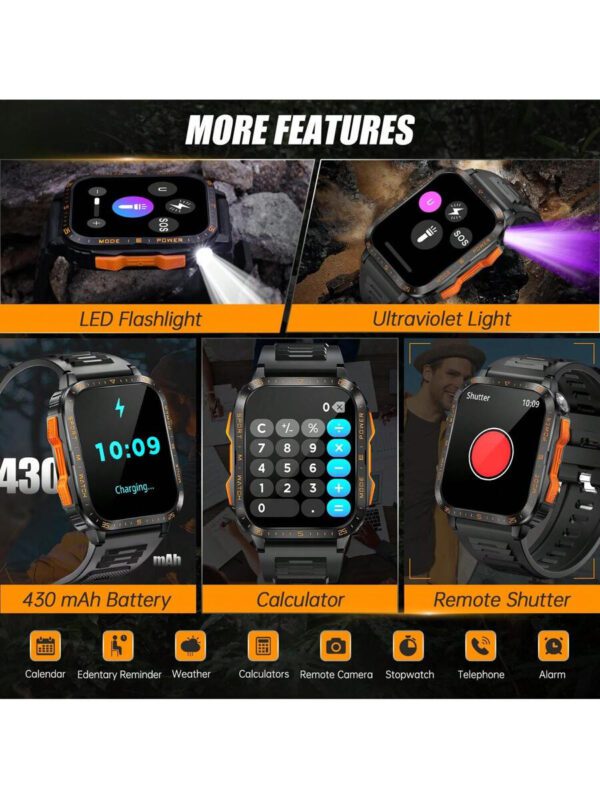 EIGIIS Montre connectée étanche 3 ATM pour hommes avec appel sans fil, LED lampe de poche, écran HD de 1,96 pouces. Montre connectée de sport et fitness avec suivi du sommeil, enregistrement des exercices, assistant vocal, minuterie, chronomètre, compatible iOS et Android – Image 6
