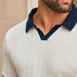 HIMLAND Polo Shirt Homme Casual Tricot Patchwork Col Rabattu Col V Ajusté Manches Courtes