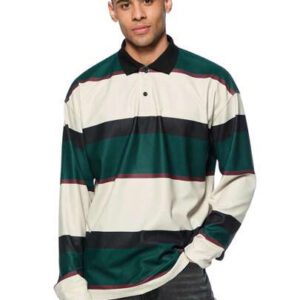 Forever 21 Chemise polo à manches longues amples pour hommes, vintage rayée en blocs de couleurs