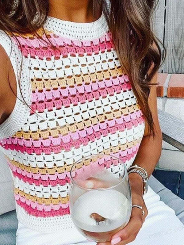 Chiquease Haut sans manches tricoté rayé pour femme, col rond – Image 2
