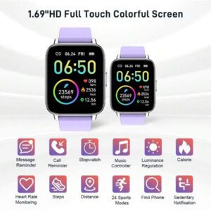 Montre connectée, Tracker de fitness 1,69" Écran tactile Montre connectée pour hommes et femmes Montre de sport Podomètre Moniteur de fréquence cardiaque Étanche IP68 Montre connectée 24 modes Bracelet connecté Chronomètre pour Android iOS