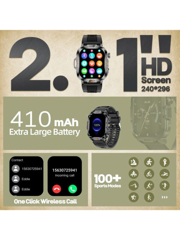 Montre de sport outdoor, écran HD 2,01 pouces, lampe de poche LED ultra lumineuse, montre outdoor robuste étanche IP68, montre de plongée avec plus de 100 fonds d'écran, mode sport, appels Bluetooth/SpO2 pour Android et iOS. Cadeaux pour vacances, garçons et filles – Image 3