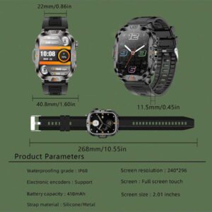 Montre de sport outdoor, écran HD 2,01 pouces, lampe de poche LED ultra lumineuse, montre outdoor robuste étanche IP68, montre de plongée avec plus de 100 fonds d'écran, mode sport, appels Bluetooth/SpO2 pour Android et iOS. Cadeaux pour vacances, garçons et filles