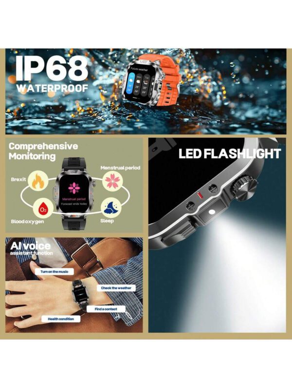 Montre de sport outdoor, écran HD 2,01 pouces, lampe de poche LED ultra lumineuse, montre outdoor robuste étanche IP68, montre de plongée avec plus de 100 fonds d'écran, mode sport, appels Bluetooth/SpO2 pour Android et iOS. Cadeaux pour vacances, garçons et filles – Image 5
