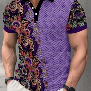Chemise polo à manches courtes avec imprimé floral, décontractée et professionnelle pour hommes