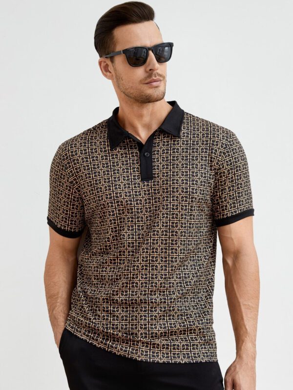 HIMLAND Polo-chemise pour homme à imprimé intégral et bordure contrastée, polo vintage de couleur khaki à blocs de couleur pour le travail, pour mari – Image 2