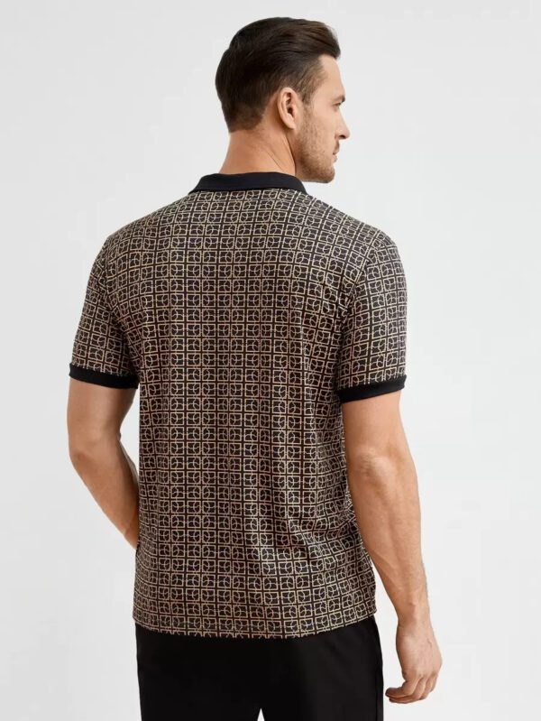 HIMLAND Polo-chemise pour homme à imprimé intégral et bordure contrastée, polo vintage de couleur khaki à blocs de couleur pour le travail, pour mari – Image 3