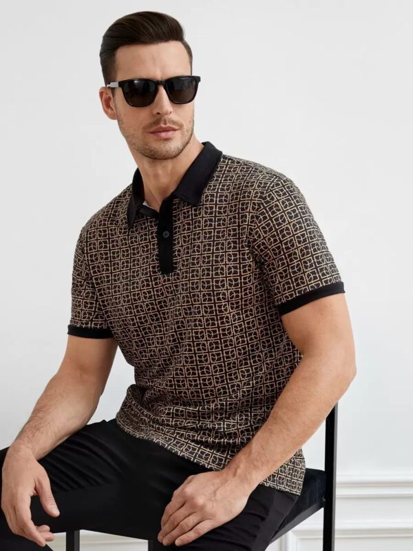 HIMLAND Polo-chemise pour homme à imprimé intégral et bordure contrastée, polo vintage de couleur khaki à blocs de couleur pour le travail, pour mari – Image 4