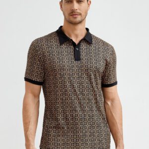 HIMLAND Polo-chemise pour homme à imprimé intégral et bordure contrastée, polo vintage de couleur khaki à blocs de couleur pour le travail, pour mari