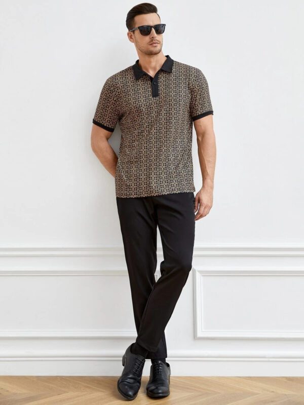 HIMLAND Polo-chemise pour homme à imprimé intégral et bordure contrastée, polo vintage de couleur khaki à blocs de couleur pour le travail, pour mari – Image 8
