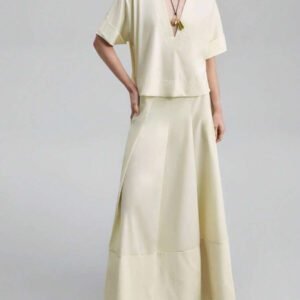 Ontre Tenue décontractée de haute qualité pour femmes d'affaires, comprenant un ensemble deux pièces ample et confortable : un Top à manches dolman col V et une jupe cintrée à la taille avec design de bordure contrastée, convenant pour le bureau, les déplacements et les voyages