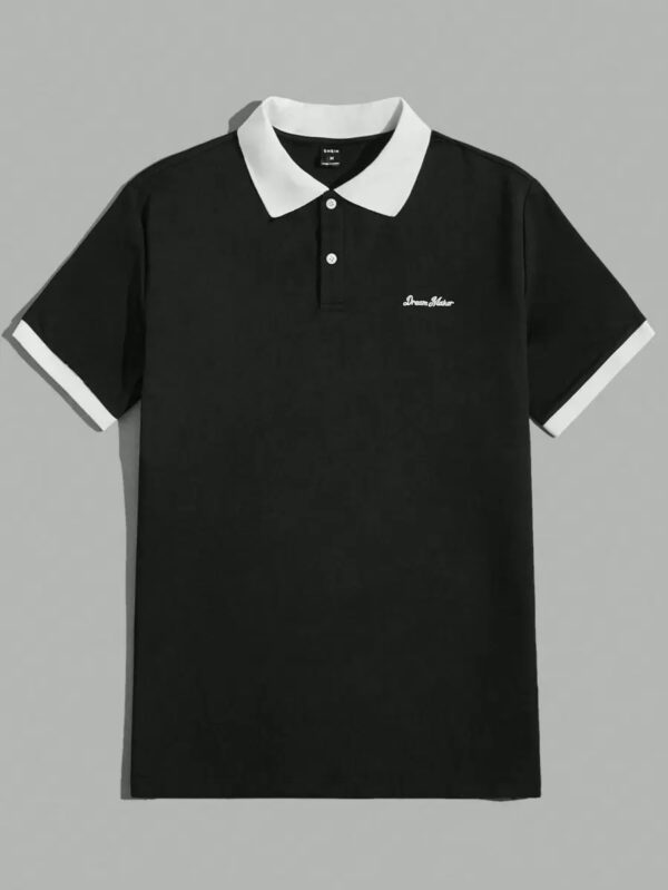 SWAVVY Chemise graphique à col contrasté pour homme avec lettre, demi-bouton, chemise polo Khaki à blocs de couleur vintage des années 90 pour les vacances de mari – Image 7