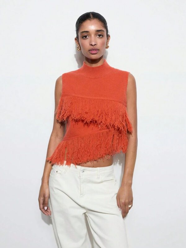 Maija Top décontracté sans manches en tricot à pompons, couleur unie, à la mode, ourlet asymétrique, épaules dénudées – Image 4