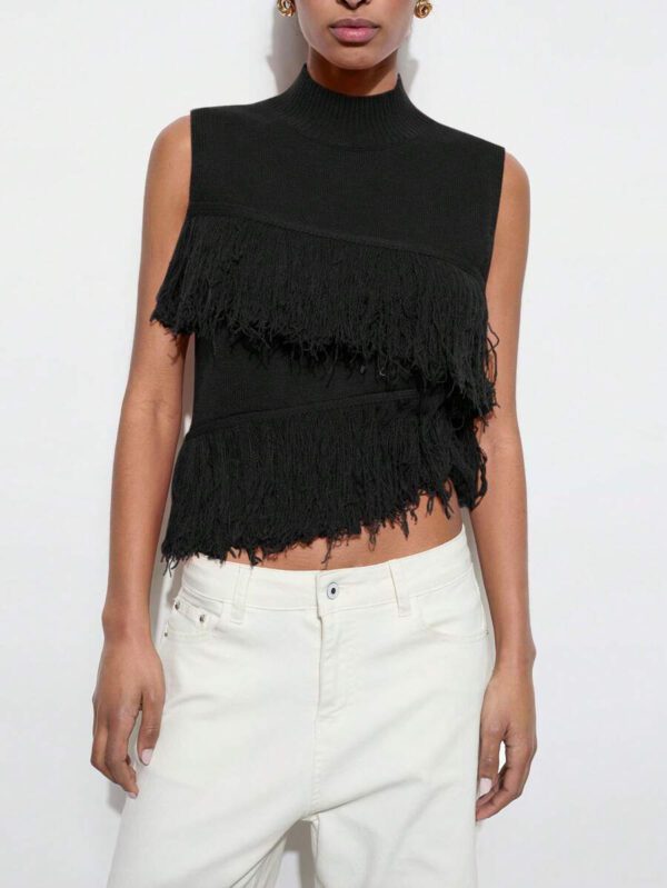 Maija Top décontracté sans manches en tricot à pompons, couleur unie, à la mode, ourlet asymétrique, épaules dénudées – Image 12