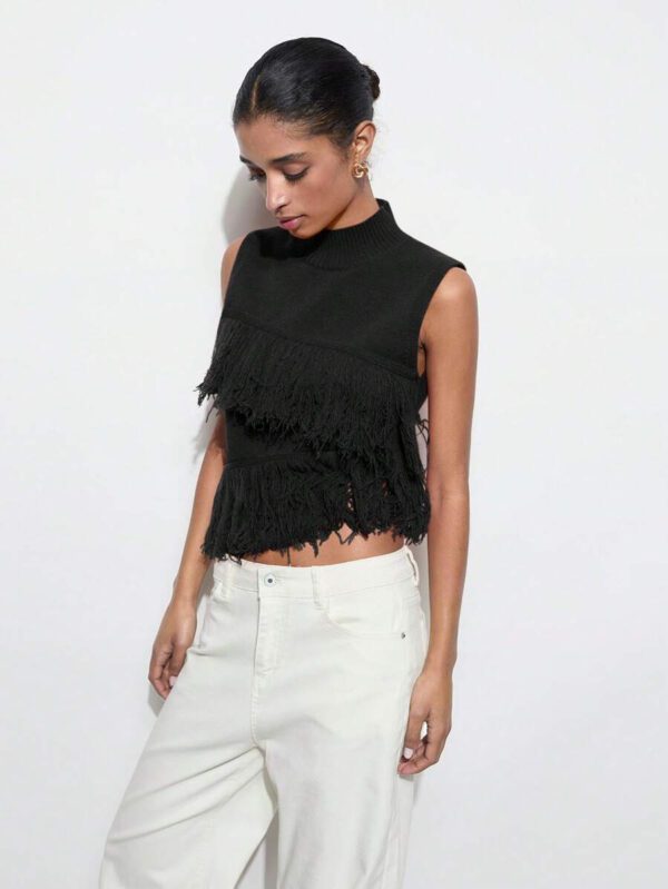 Maija Top décontracté sans manches en tricot à pompons, couleur unie, à la mode, ourlet asymétrique, épaules dénudées – Image 16
