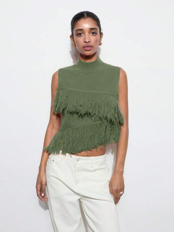 Maija Top décontracté sans manches en tricot à pompons, couleur unie, à la mode, ourlet asymétrique, épaules dénudées – Image 22