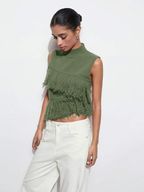 Maija Top décontracté sans manches en tricot à pompons, couleur unie, à la mode, ourlet asymétrique, épaules dénudées – Image 25