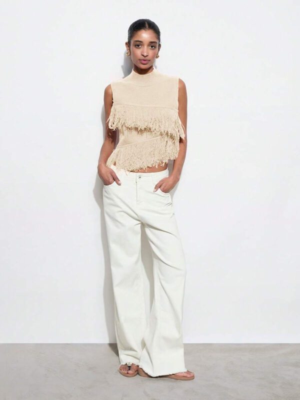 Maija Top décontracté sans manches en tricot à pompons, couleur unie, à la mode, ourlet asymétrique, épaules dénudées – Image 29