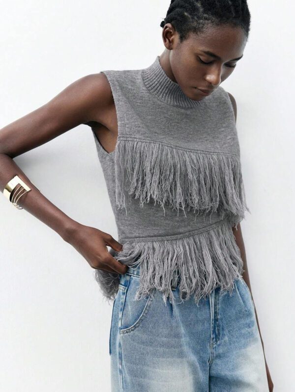 Maija Top décontracté sans manches en tricot à pompons, couleur unie, à la mode, ourlet asymétrique, épaules dénudées – Image 38