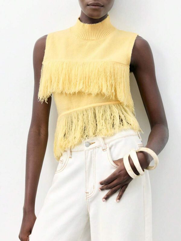 Maija Top décontracté sans manches en tricot à pompons, couleur unie, à la mode, ourlet asymétrique, épaules dénudées – Image 45