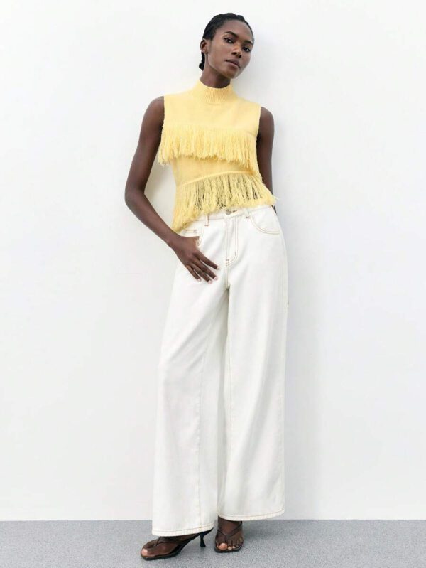 Maija Top décontracté sans manches en tricot à pompons, couleur unie, à la mode, ourlet asymétrique, épaules dénudées – Image 46