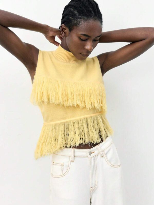 Maija Top décontracté sans manches en tricot à pompons, couleur unie, à la mode, ourlet asymétrique, épaules dénudées – Image 47