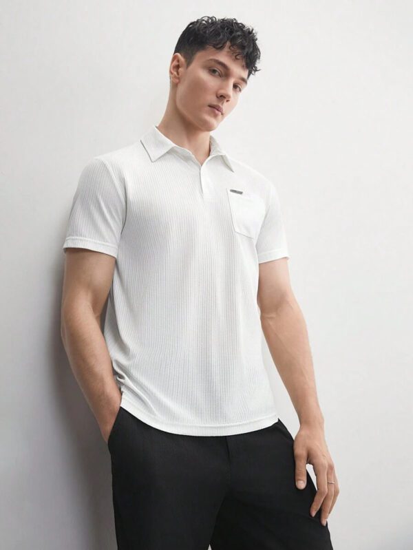 AKNOTIC Business Casual Chemise polo homme à col tricoté blanc, affaires, manches courtes, unicolore – Image 3