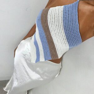 Glamine Pull tricoté à nœud papillon au dos, style d'écharpe de plage rayée, convient pour le printemps et l'été, femmes