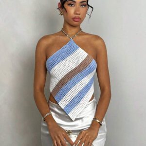 Glamine Pull tricoté à nœud papillon au dos, style d'écharpe de plage rayée, convient pour le printemps et l'été, femmes