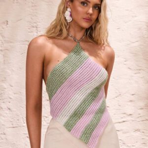 Glamine Pull tricoté à nœud papillon au dos, style d'écharpe de plage rayée, convient pour le printemps et l'été, femmes