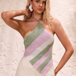 Glamine Pull tricoté à nœud papillon au dos, style d'écharpe de plage rayée, convient pour le printemps et l'été, femmes