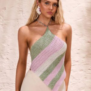 Glamine Pull tricoté à nœud papillon au dos, style d'écharpe de plage rayée, convient pour le printemps et l'été, femmes
