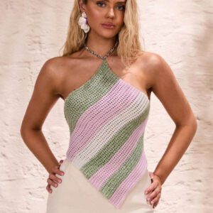 Glamine Pull tricoté à nœud papillon au dos, style d'écharpe de plage rayée, convient pour le printemps et l'été, femmes