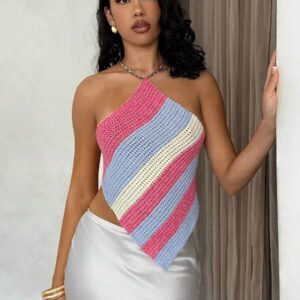Glamine Pull tricoté à nœud papillon au dos, style d'écharpe de plage rayée, convient pour le printemps et l'été, femmes