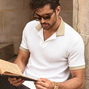 HIMLAND Polo à manches courtes décontracté en tricot jacquard coupe régulière, convient pour un port quotidien