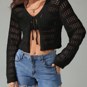 SHEIN Tall Pull tricoté décontracté à manches longues, col en V, lacets, effet ajouré, couleur unie pour femmes