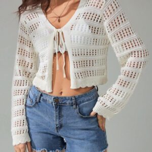 SHEIN Tall Pull tricoté décontracté à manches longues, col en V, lacets, effet ajouré, couleur unie pour femmes