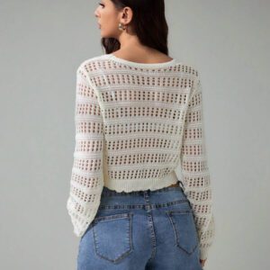 SHEIN Tall Pull tricoté décontracté à manches longues, col en V, lacets, effet ajouré, couleur unie pour femmes