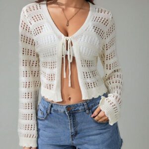 SHEIN Tall Pull tricoté décontracté à manches longues, col en V, lacets, effet ajouré, couleur unie pour femmes